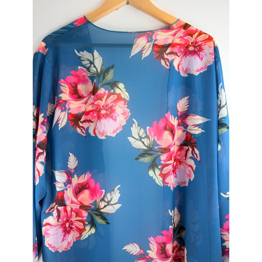Womens Floral Kimono Blue Pink Lightweight Sheer Open Front Cardigan XXXL Beachy - Picture 3 of 8